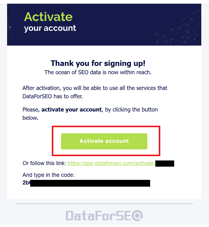 届いたActivate your accountのメール。緑のActivate accountボタンがある