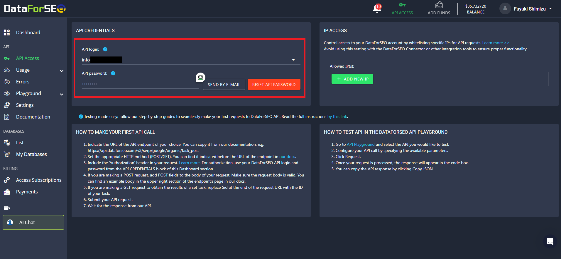 API Accessの画面。API CREDENTIALSの部分に印を付けたところ